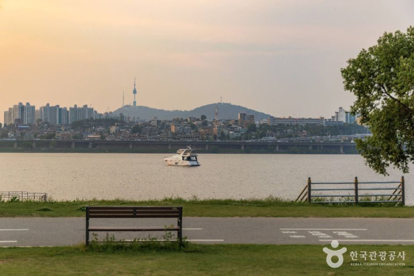 한강 위 유람선과 멀리 남산타워가 한눈에 들어오는 평화로운 반포한강공원 강변